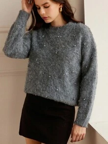 GENKIRA Women's Elegant Faux Pearl Decor Loose Fluffy Knit Pullover Sweater, Autumn/Winter - Dark Grey - View 4