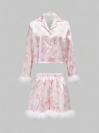 Kawaii Ensemble de pyjama femme avec short à manches longues en satin moelleux avec motif nœud mignon