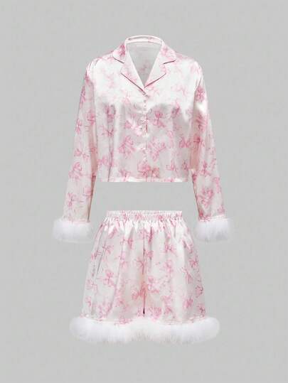 Kawaii Set pigiama da donna con maniche lunghe e pantaloncini, in raso con motivo a fiocco e polsini in peluche