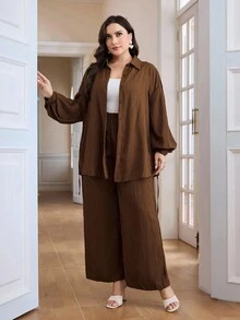 Veilorie 2 件大码女式纯色落肩单排扣上衣和阔腿裤休闲宽松西装 2 件套 - 棕色 - 查看 3