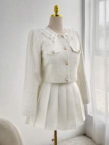 Flirla Plus Size Ruffled Tweed Short Jacket Winter Fall Autumn - White - View 4