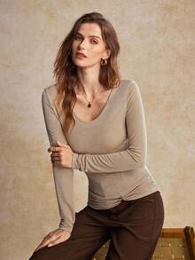 House of One Glittery Knit Round Neck Long Sleeves Top With Metal Buckle Deco Women Autumn Elegant Wear - Khaki - View 4