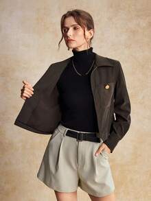 House of One Chaqueta de mujer de ajuste holgado con cremallera, cuello, bolsillos, de tejido sólido, para otoño e invierno