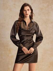 House of One Collared Bishop Sleeves Solid Satin Cowl Neck Mini Dress Women Autumn Elegant Casual Wear