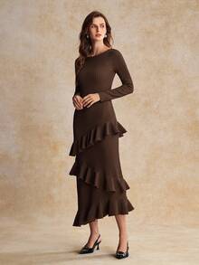 House of One Boat Neck Layered Ruffled Solid Satin Midi Dress Women Autumn Elegant Casual Wear