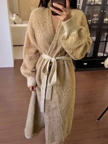 DAZY Women's Long Plush Faux Mink Belted Robe, Warm Home Dress For Winter, Fall Pajama, Cozy Outfit - Camel - View 1