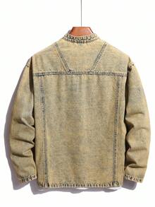 Manfinity Homme Men's Acid Wash Casual Loose Band Collar Denim Jacket With Zipper Front, Autumn, Fall - Brown - View 2