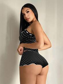 SHEIN SXY 两件套女士休闲波点睡衣套装，吊带背心+短裤，波点比基尼，波点泳衣 - 黑色 - 查看 2