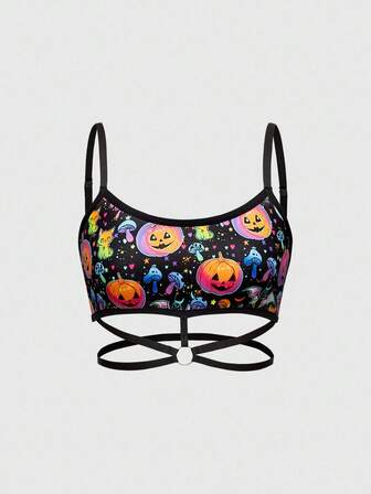 ROMWE Avant Soutien-gorge sans fil pour femmes avec imprimé citrouille irisée, chauve-souris et champignon effrayants pour Halloween