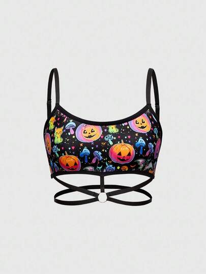 ROMWE Avant Soutien-gorge sans fil pour femmes avec imprimé citrouille irisée, chauve-souris et champignon effrayants pour Halloween