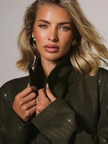 COSMINA 女士优雅束腰亮片条纹西装外套，秋冬 - 咖啡棕 - 查看 7