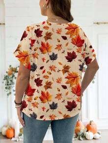 EMERY ROSE Lässiges, weites Damen T-Shirt mit Herbst-Ahornblatt-Struktur-Muster in Große Größen, Kurzarm für den Herbst