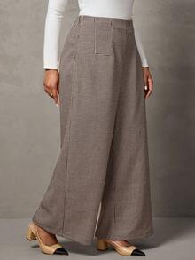 SHEIN Tall CURVE 大码女式休闲高腰阔腿裤，时尚通勤 - 黑與白 - 查看 7