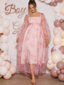 Loomaby Elegant Floral Print Mesh Dress For Pregnant Women, Party Wear Maternity Dress For Baby Shower Pink Floral Maternity Dress Babyshower Dress Pregnancy Photoshoot Dress Maternity Baby Shower Outfit  Dress Gender Reveal Dress Maternity Dress Baby Shower Dress Babyshower Dress Maternity Pink Floral Women Dress Baby Shower Guest Outfit Pregnancy Dress For Photoshoot