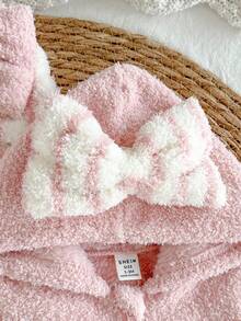 2 件新生儿粉色条纹套装，带可爱蝴蝶结，舒适连体衣，适合室内外穿着，冬季 - 粉色 - 查看 4