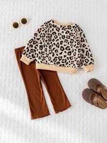 Cozy Pixies 2pcs Baby Girl Leopard Print Knit Soft Crew Neck Long Sleeve Pullover Sweatshirt And Solid Color Elastic Waist Pants Set Fall Winter - Multicolor - View 2