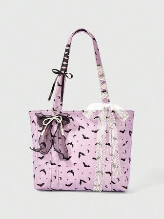 Grunge Punk Bolso de mano grande con estampado de murciélagos morados, estilo gótico, con lazo decorativo, de gran capacidad y portátil para mujer