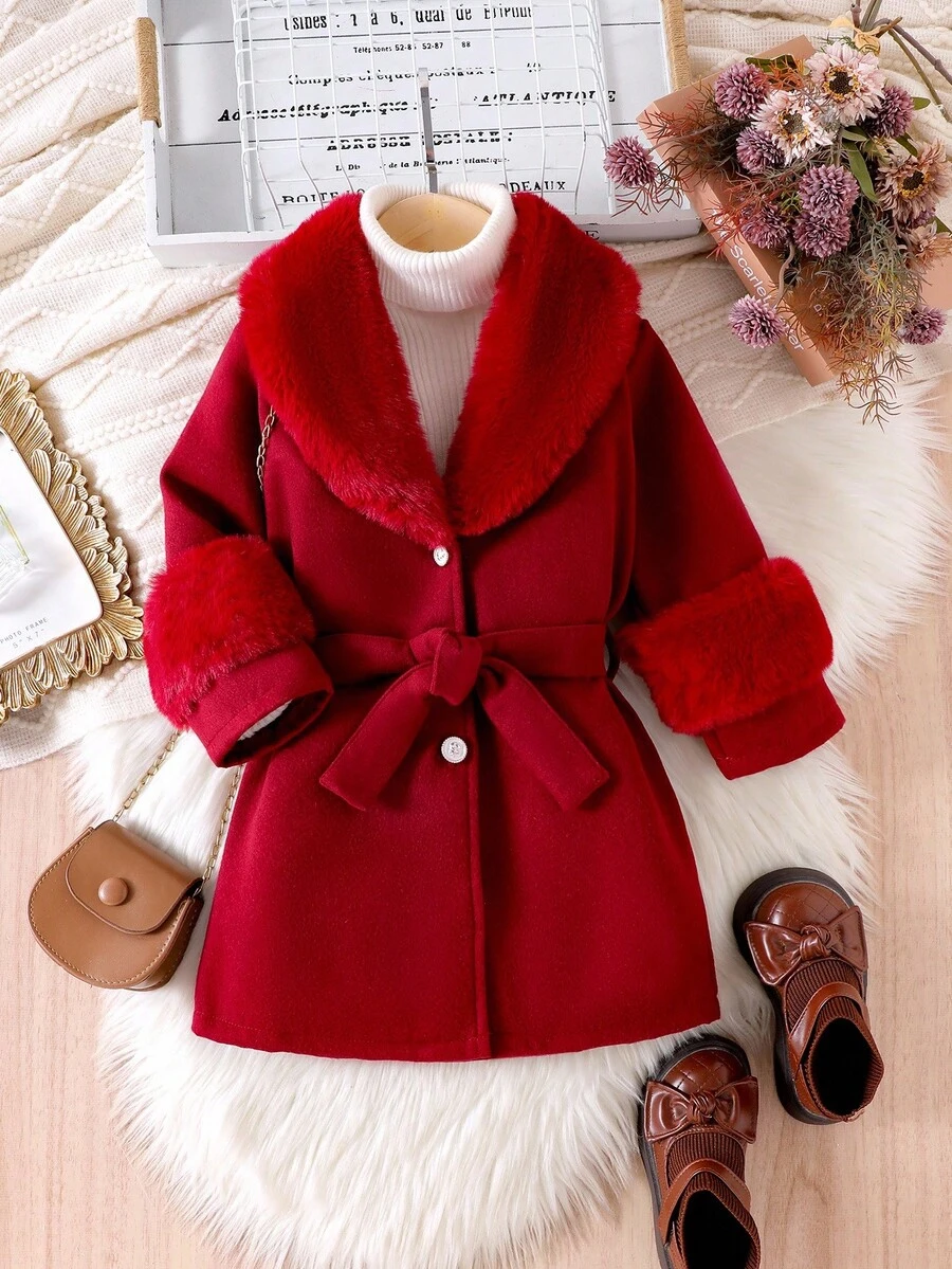 SHEIN Elladie kids Young Girls Overcoat With Faux Fur Collar, Elegant & Cute, Suitable For Young Girl In Winter Fall - Burgundy - View 1