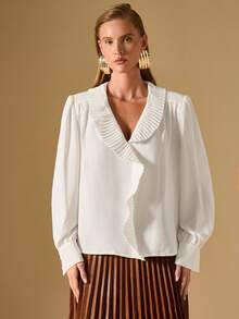 Briarwyn Women's Solid Color Pleated Collar Loose Elegant Long Sleeve Blouse Old Money Style Women,Elegant Women's Blouses/Elegant In White/Cloud Dancer,Graduation Outfit,Graduation Ceremony - White - View 1