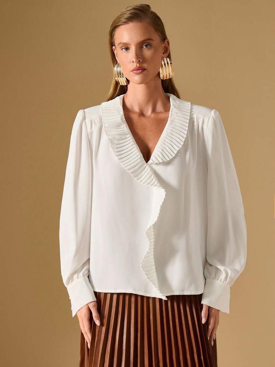 Briarwyn Women's Solid Color Pleated Collar Loose Elegant Long Sleeve Blouse Old Money Style Women,Elegant Women's Blouses/Elegant In White/Cloud Dancer,Graduation Outfit,Graduation Ceremony - White - View 1