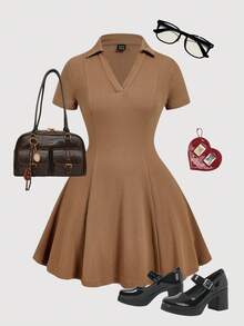 SHEIN MOD 加大码复古卡其色荷叶边领针织迷你连衣裙 - 学院风、70 年代风格、休闲、舒适、通勤、复古美学，非常适合学校服装、教学服装和办公室穿着 - 卡其色 - 查看 7
