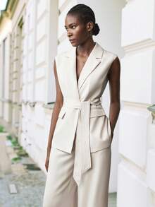 Maija Women's Fashionable & Elegant Sleeveless Suit Set With Belt In Fall/Winter - Apricot - View 7