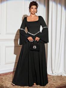 Cravure Váy ngắn thanh lịch theo phong cách Gothic Halloween cỡ lớn dành cho nữ, váy dài tay cổ vuông ôm sát theo phong cách Pháp, mùa xuân/thu - màu đen - Xem 4