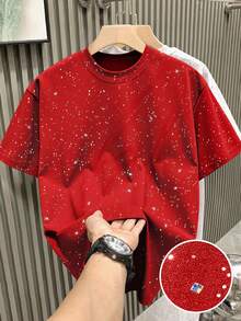 Claim Dot Men's Round Neck Short Sleeve Silver Foil Loose Casual T-Shirt - Red - View 1