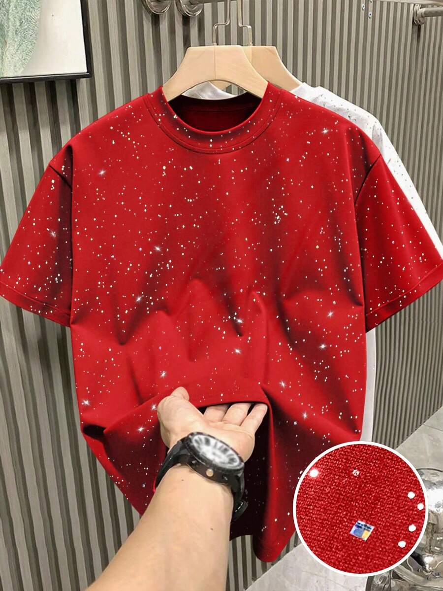 Claim Dot Men's Round Neck Short Sleeve Silver Foil Loose Casual T-Shirt - Red - View 1