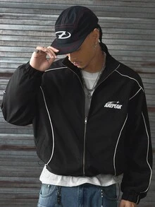 AXEPEAK 男士梭织休闲宽松长袖夹克，秋冬 - 黑色 - 查看 1