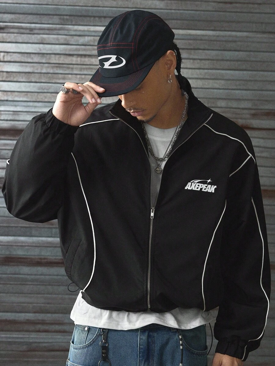 AXEPEAK 男士梭织休闲宽松长袖夹克，秋冬 - 黑色 - 查看 1