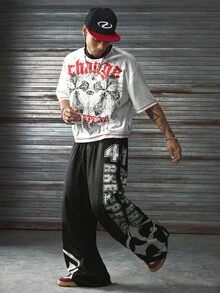 AXEPEAK Casual Street Cross Graffiti Round Neck Loose Short Sleeve T-Shirt And Elastic Drawstring Loose Long Pants, Men 2-Piece Set - Black and White - View 4