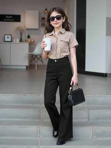 SHEIN Tween Girl Basic Casual White 9-Point Wide-Leg Jeans - Black - View 5