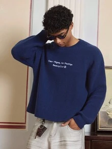 SWAVVY Men's Fashion Loose Fit Embroidered Crew Neck Long Sleeve Sweater, Fall Winter