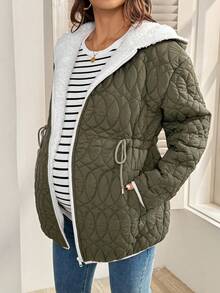 SHEIN Maternity Casual Drawstring Waist Hooded Jacket With Thermal Lined, Autumn/Winter Quilted Maternity Jacket Maternity Winter Coat Green Maternity Jacket Maternity Jacket Plus Size Maternity Coat Chic - Army Green - View 3