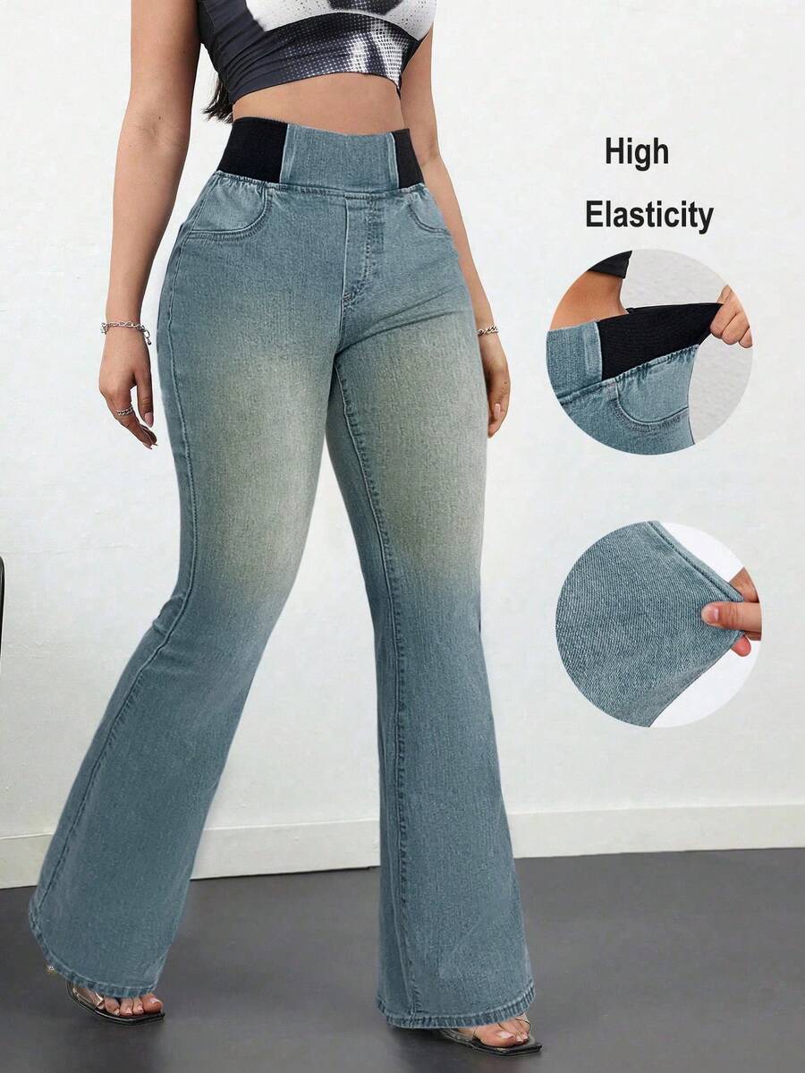 SHEIN Tall Pantalones vaqueros casuales de mujer, pantalones pitillo elásticos acampanados, pantalones vaqueros azules pitillo de talle alto acampanados para mujeres altas, pantalones de verano - Azul lavado medio - Ver 1