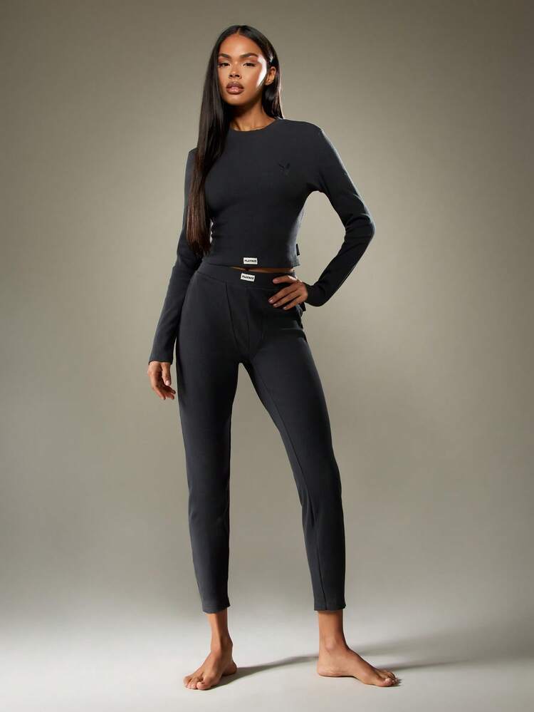 Missguided x Playboy Top corto de manga larga acanalado y leggings de cintura alta para Navidad