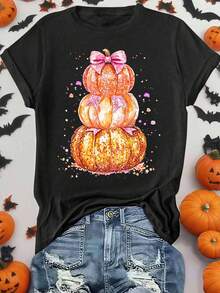 EMERY ROSE Women's Plus-Size Pumpkin Print T-Shirt Halloween - Black - View 1