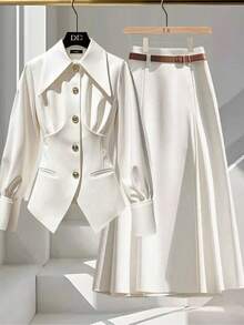 Franclia New Early Autumn Temperament Waist Top Lapel Single-Breasted White Commuting Elegant Workplace Fashion And A-Line Skirt Pleated Women's Suit Two-Piece SuitWomen's Autumn Clothingautumn Fall Clothes For Women Fall Autumn Clothes Fall Outfits For Women Autumn Outfits For Women Fall Clothes Autumn Women  Fall Women Clothes Autumn Clothing Elegant Fashionable Casual Commuting Business Office Daily Leisure All-Match Temperament Urban Teacher Professional Attire - White - View 5