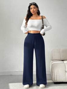 SHEIN EZwear 加大码蓝色休闲高腰直筒裤女式阔腿裤海军蓝裤子 - 藍色 - 查看 7