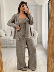 Vionelle Plus Size Women 3-Piece Set: Solid Color Long Sleeve Jacket, Camisole, And Wide Leg Pants, Knit Casual Outfit For Autumn/Winter - Brown - View 10