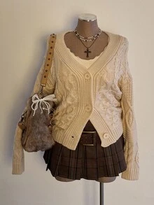 Sunspun Plus Size Women Casual Comfortable Drawstring Chunky Knit Cardigan With Front Button, Suitable For Spring, Autumn And Winter, Back To School Season Fall - Apricot - View 11