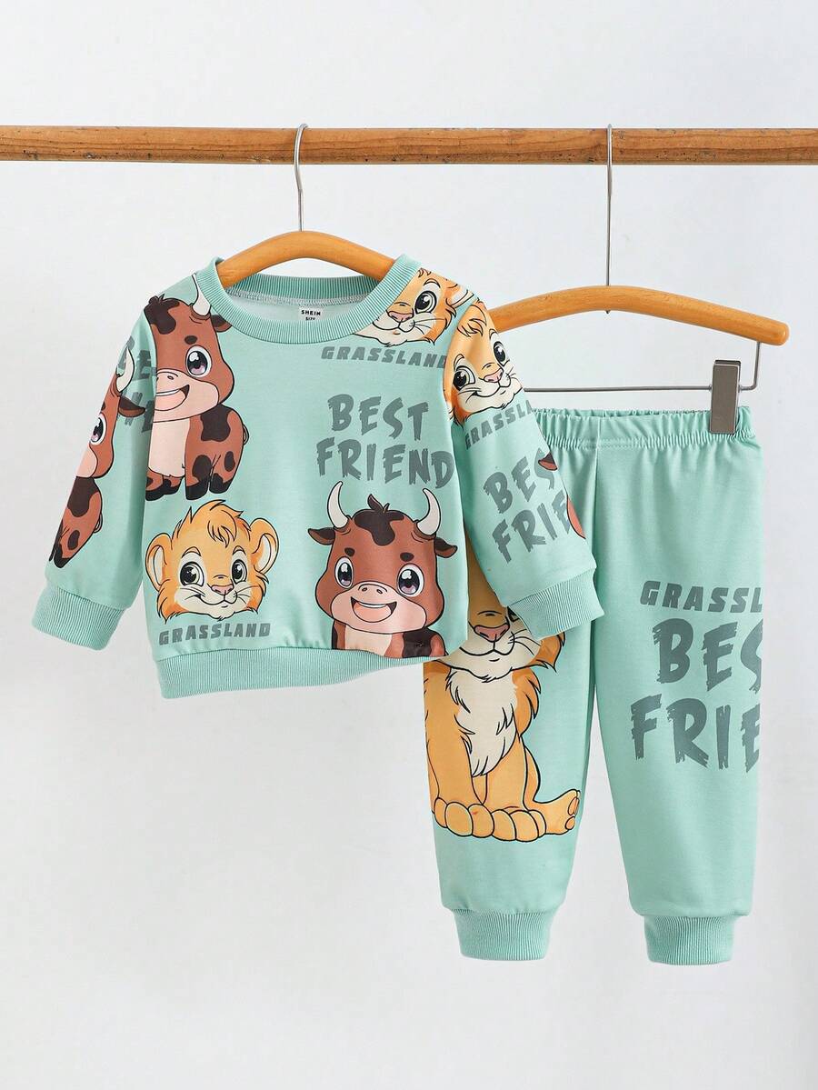SHEIN Playful Pals 嬰幼兒男童獅子與犀牛印花套裝 薄荷綠 秋冬可愛親子款舒適不對稱拼接秋冬套裝 - 彩色 - 查看 1