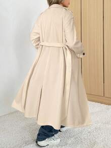 SHEIN EZwear 女式杏色立领双排扣休闲大衣，秋冬 - 杏色 - 查看 2