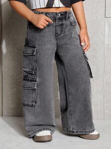 SHEIN 年轻女孩灰色工装口袋宽腿宽松牛仔裤 - 灰色 - 查看 5