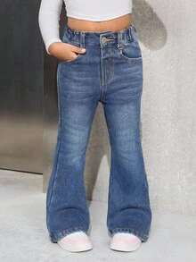 SHEIN 年轻女孩 Y2K 蓝色牛仔保暖内衬弹力修身喇叭裤，秋季休闲时尚度假装，加厚抓绒保暖长裤，喇叭牛仔裤，抓绒打底裤冬季 - 深色水洗藍 - 查看 3