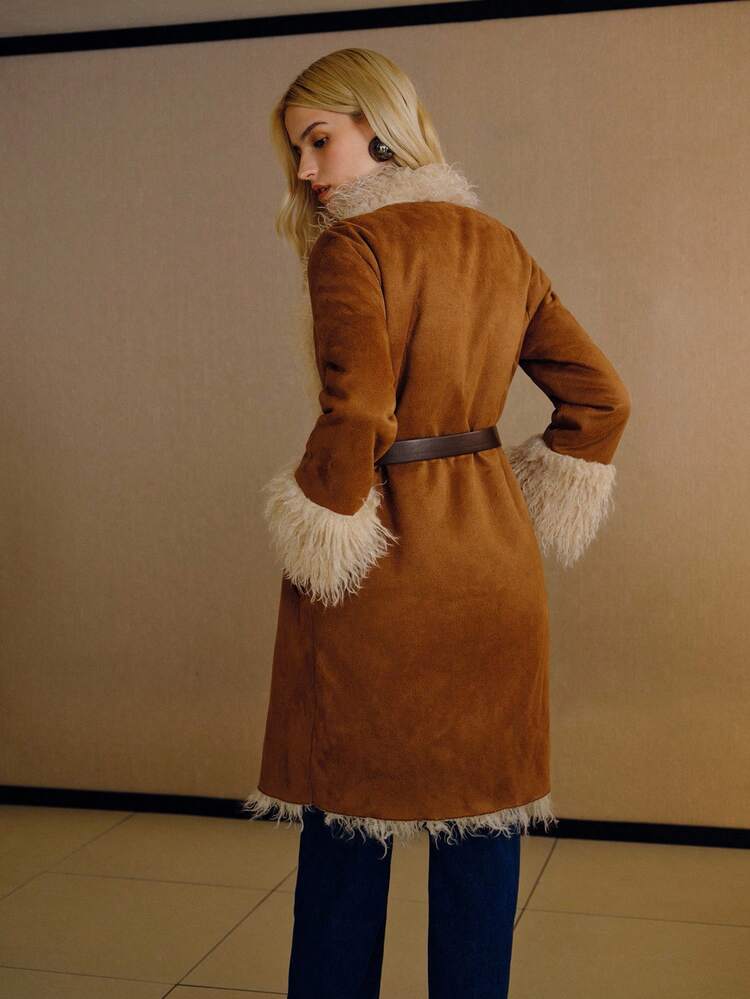 ELEGANT FAUX SUEDE LONG FUR COLLAR & CUFF MID-LENGTH COAT, AUTUMN/WINTER