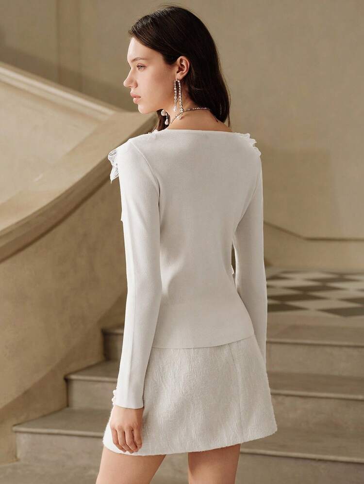 Elegant Floral Embroidery & Beaded Long Sleeve Knit Top, Suitable For Fall, Autumn, Winter, Elegant, Chic, New Year, Casual
