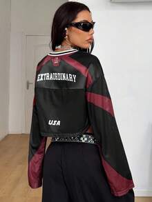 Coolane Áo thun thể thao nữ tay dài dáng rộng cổ chữ V họa tiết chữ và họa tiết mới, màu trắng - Đỏ và đen - Xem 6