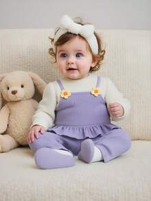 SHEIN 2025年女婴时尚新款紫色二合一长袖上衣和裤子套装，可爱3D花卉图案，舒适面料，专属户外服装 - 紫色 - 查看 3